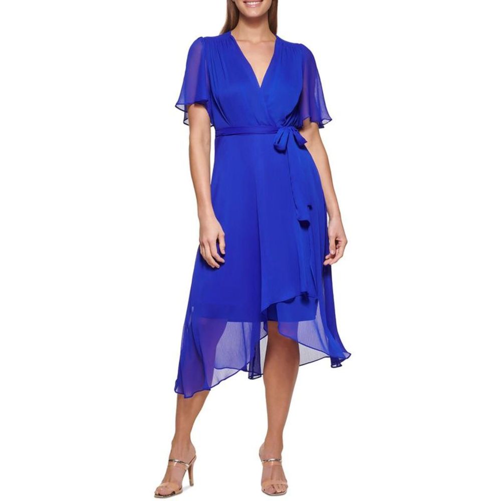 DKNY Womens Blue Flutter Sleeve Midi Semi-Formal Wrap Dress NWT